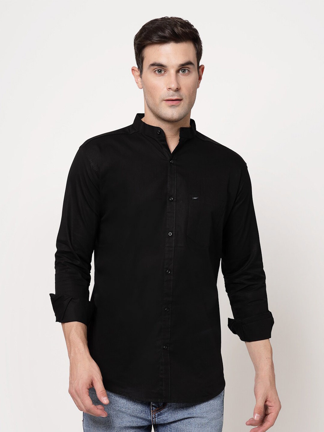 

ADWYN PETER New Mandarin Collar Cotton Casual Shirt, Black
