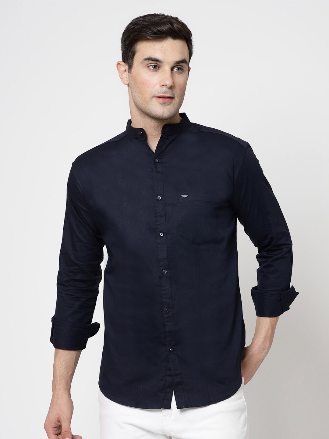

ADWYN PETER New Mandarin Collar Cotton Casual Shirt, Navy blue