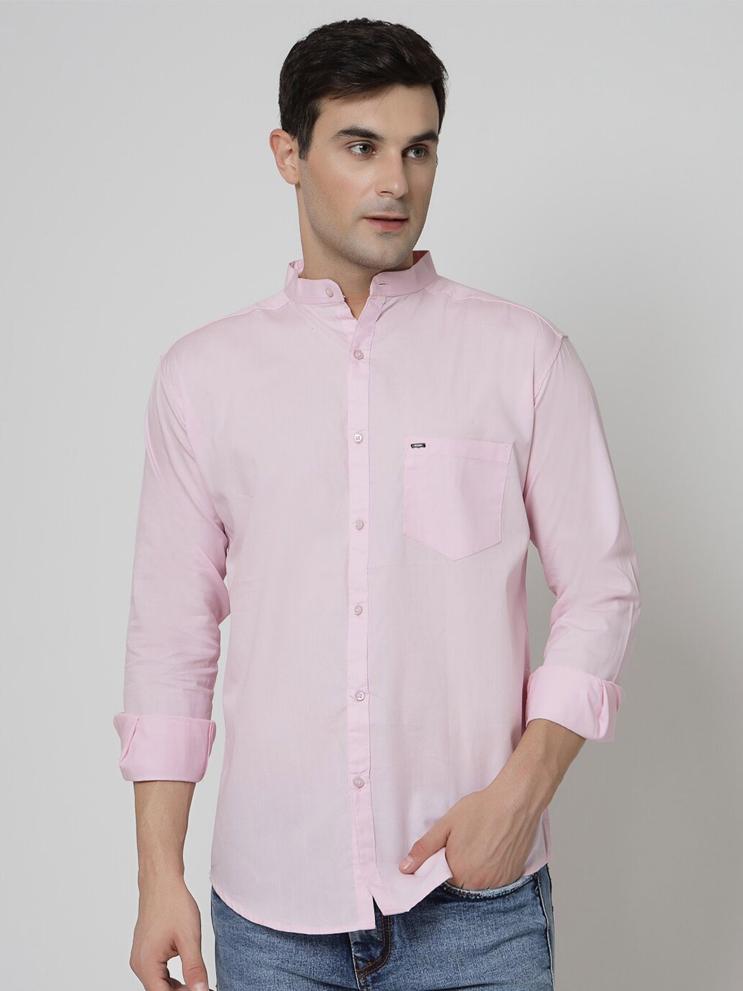 

ADWYN PETER New Mandarin Collar Cotton Casual Shirt, Pink