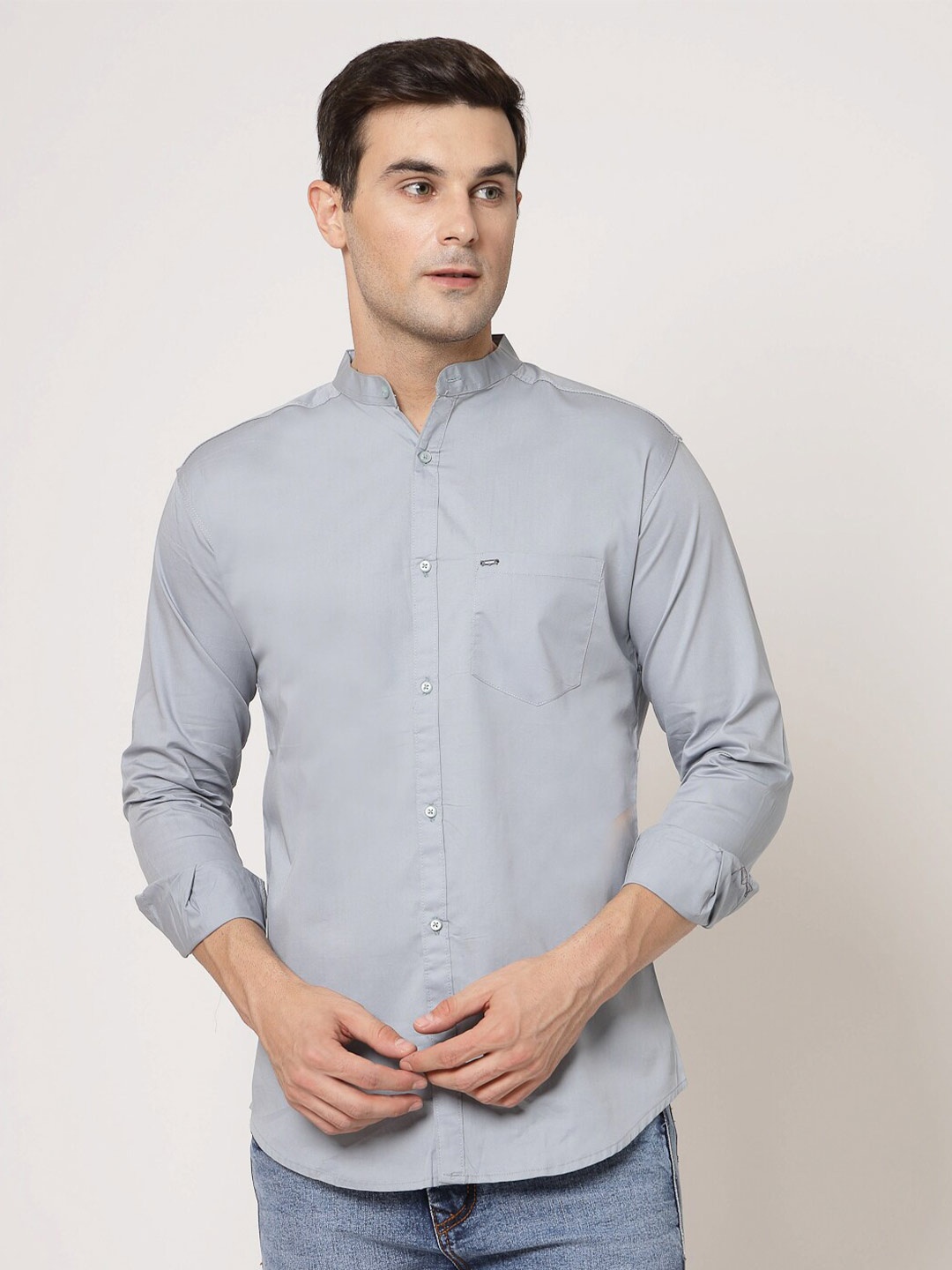 

ADWYN PETER New Mandarin Collar Cotton Casual Shirt, Grey