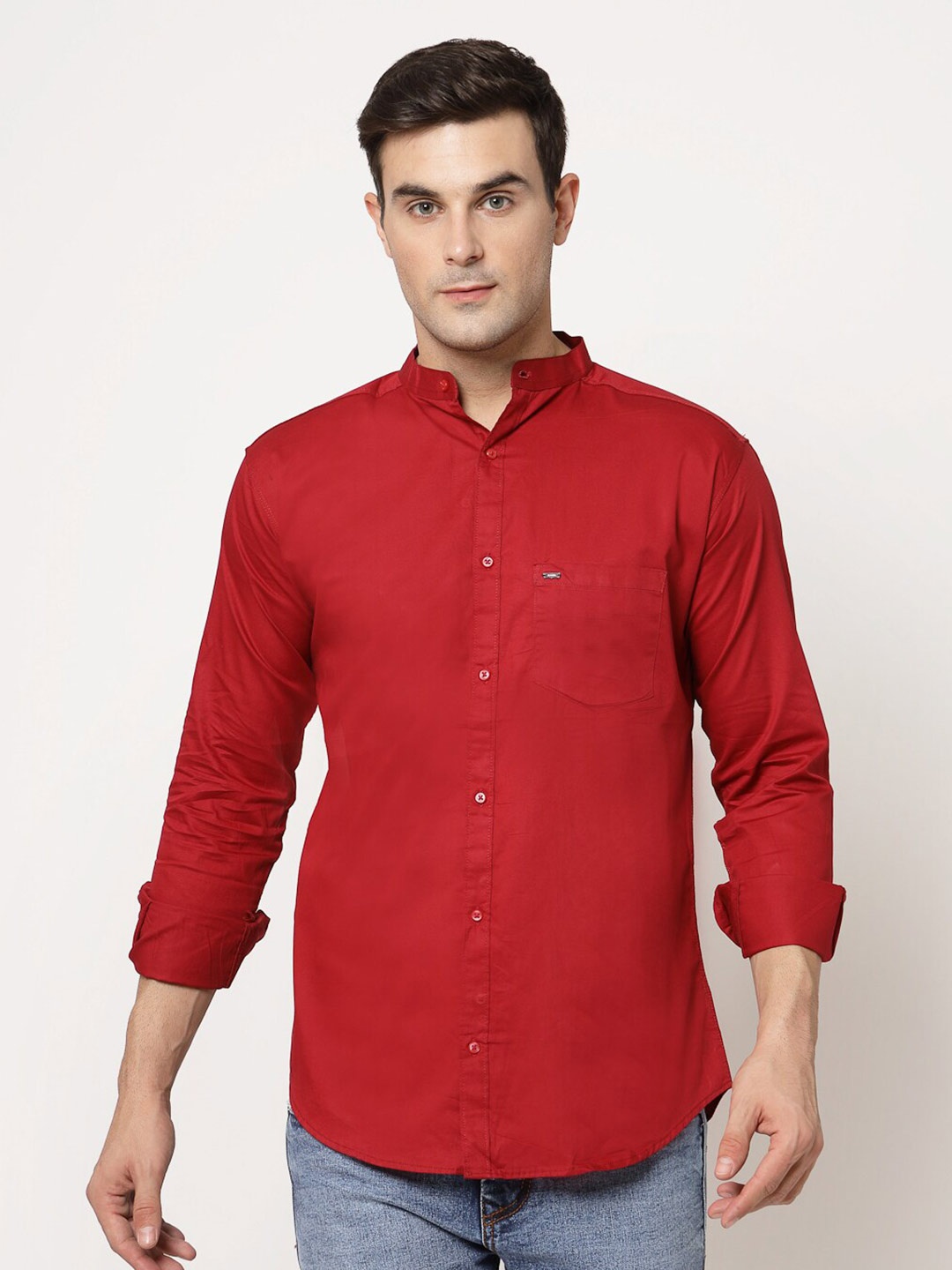 

ADWYN PETER New Mandarin Collar Cotton Casual Shirt, Red