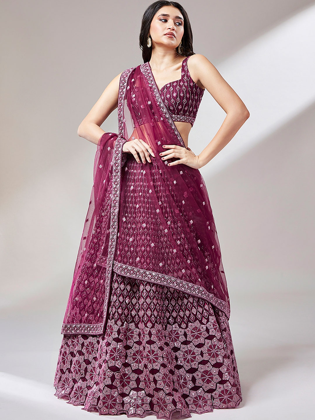

panchhi Embroidered Sequinned Semi-Stitched Lehenga & Unstitched Blouse With Dupatta, Burgundy