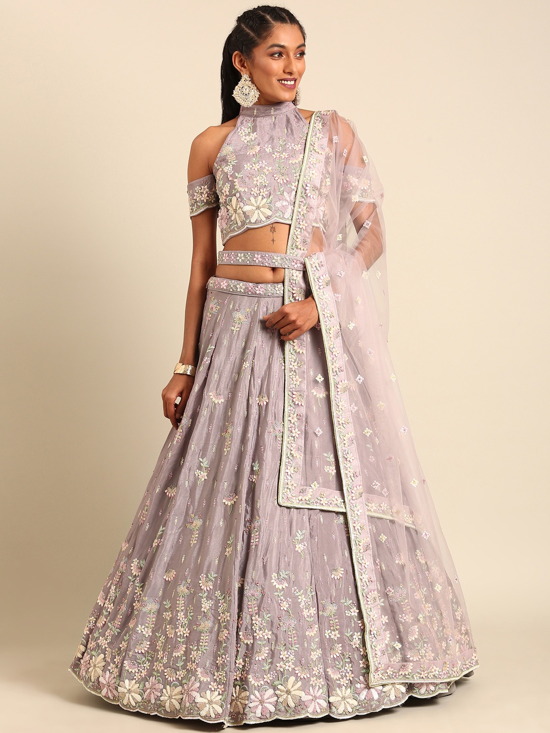 

panchhi Embroidered Sequinned Semi-Stitched Lehenga & Unstitched Blouse With Dupatta, Lavender