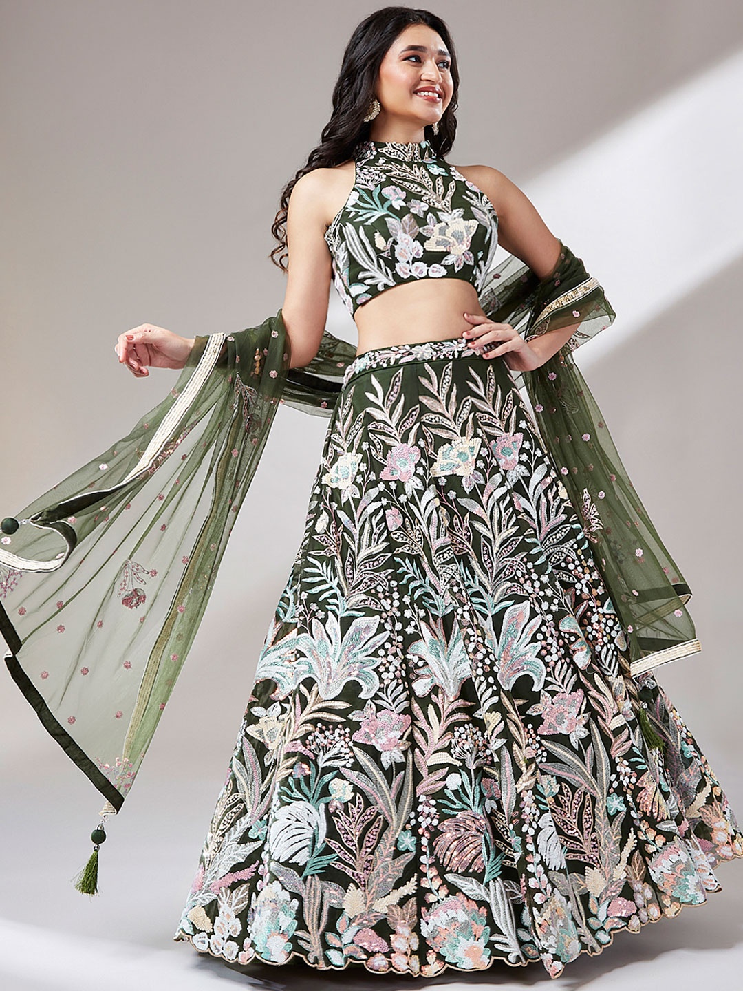 

panchhi Embroidered Sequinned Semi-Stitched Lehenga & Unstitched Blouse With Dupatta, Olive