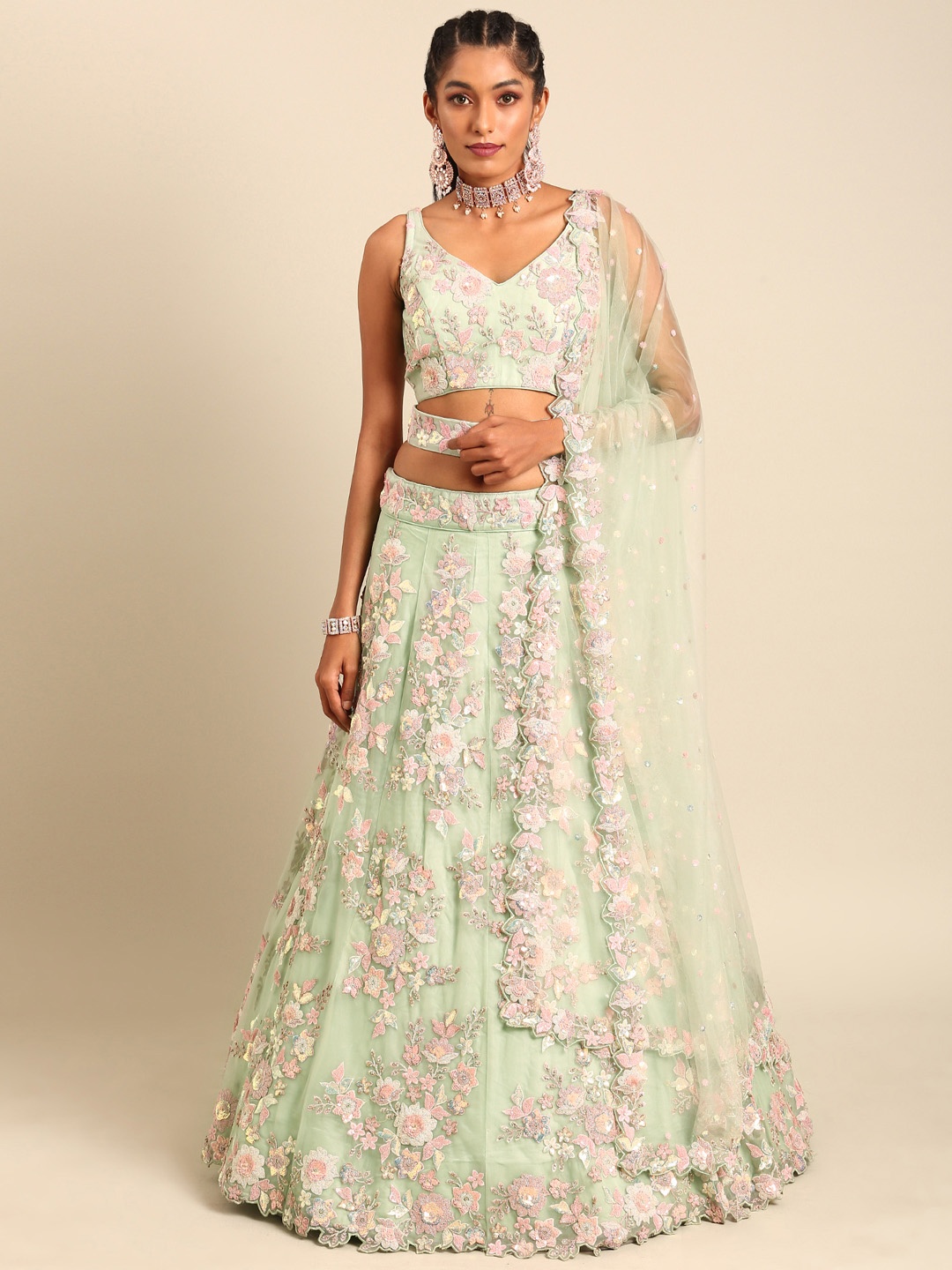 

panchhi Embroidered Sequinned Semi-Stitched Lehenga & Unstitched Blouse With Dupatta, Green
