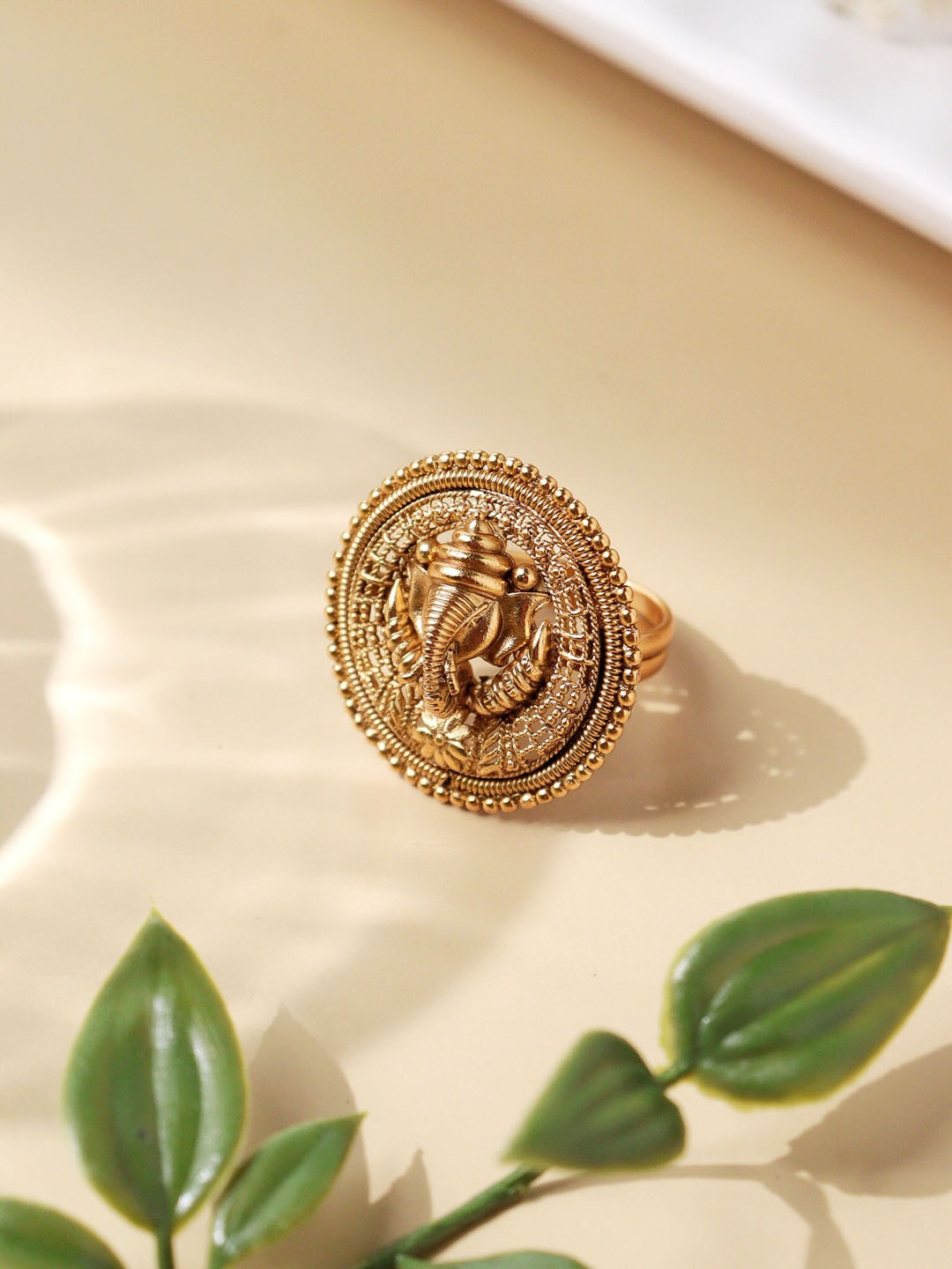 

CURIO COTTAGE 22K Gold-Plated Lord Ganesha Charm Adjustable Finger Ring