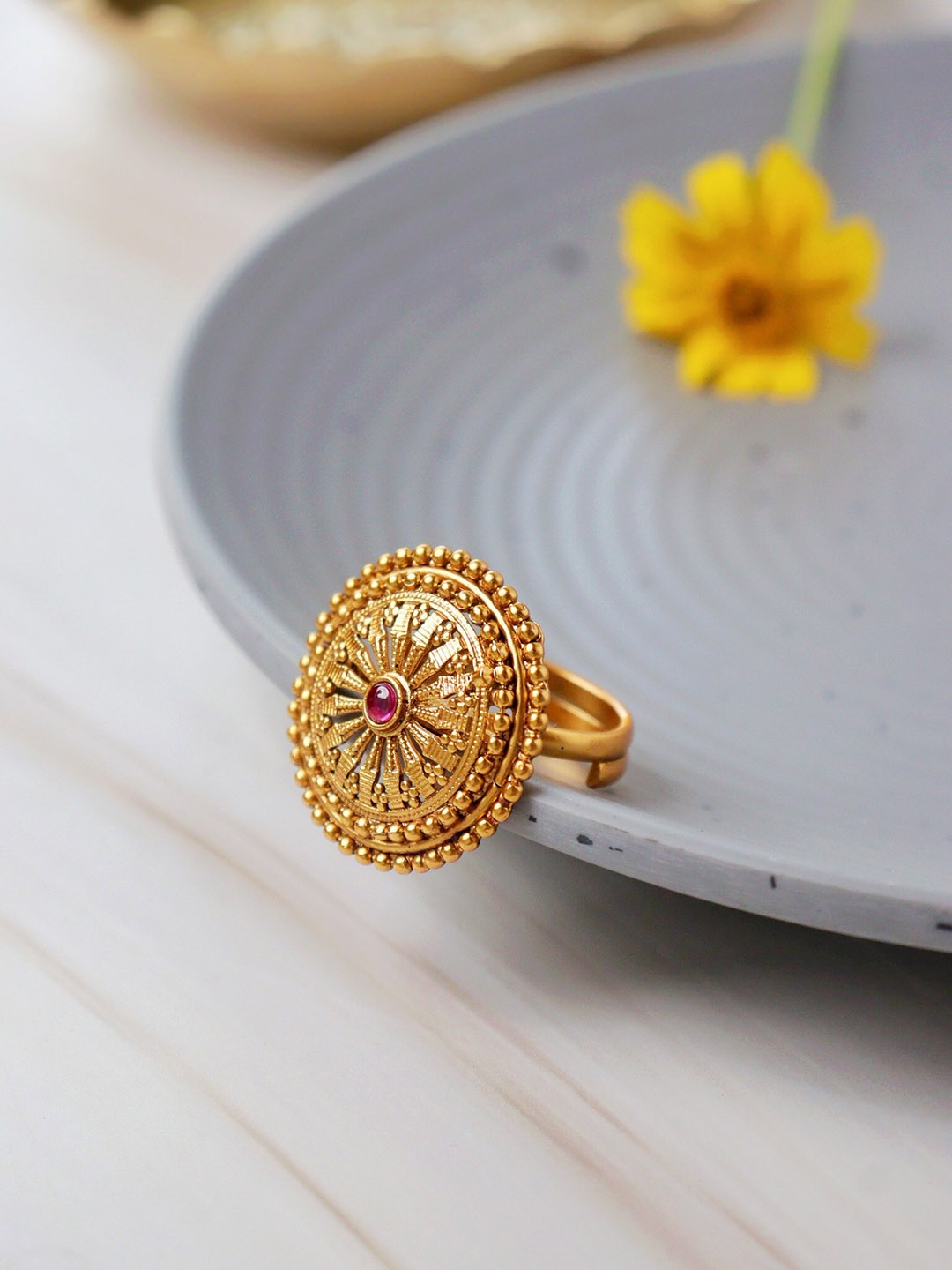 

CURIO COTTAGE 22K Gold-Plated Amethyst Stone Studded Temple Finger Ring
