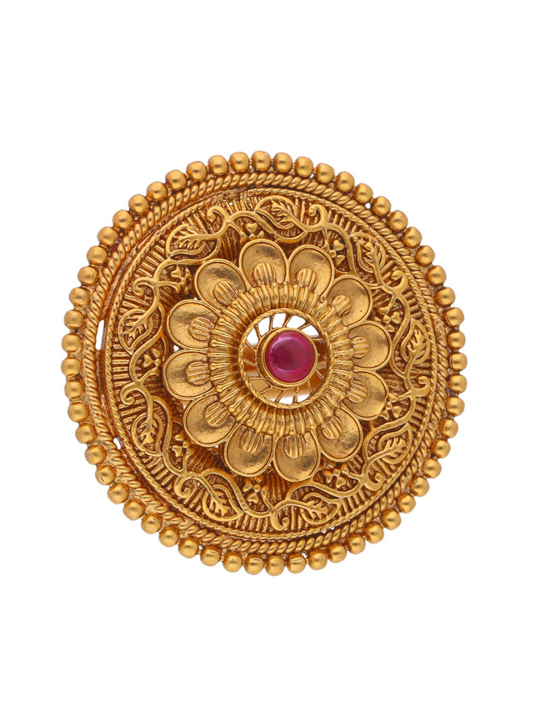 

CURIO COTTAGE Gold-Plated Stone-Studded Floral Carved Adjustable Finger Ring