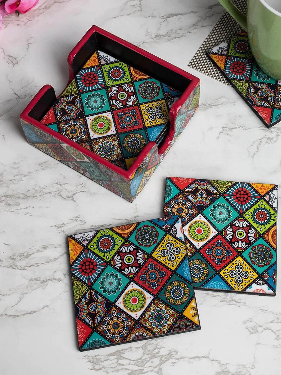 

MARKET99 Red & Green 6 Pieces Printed Wood Square Coasters
