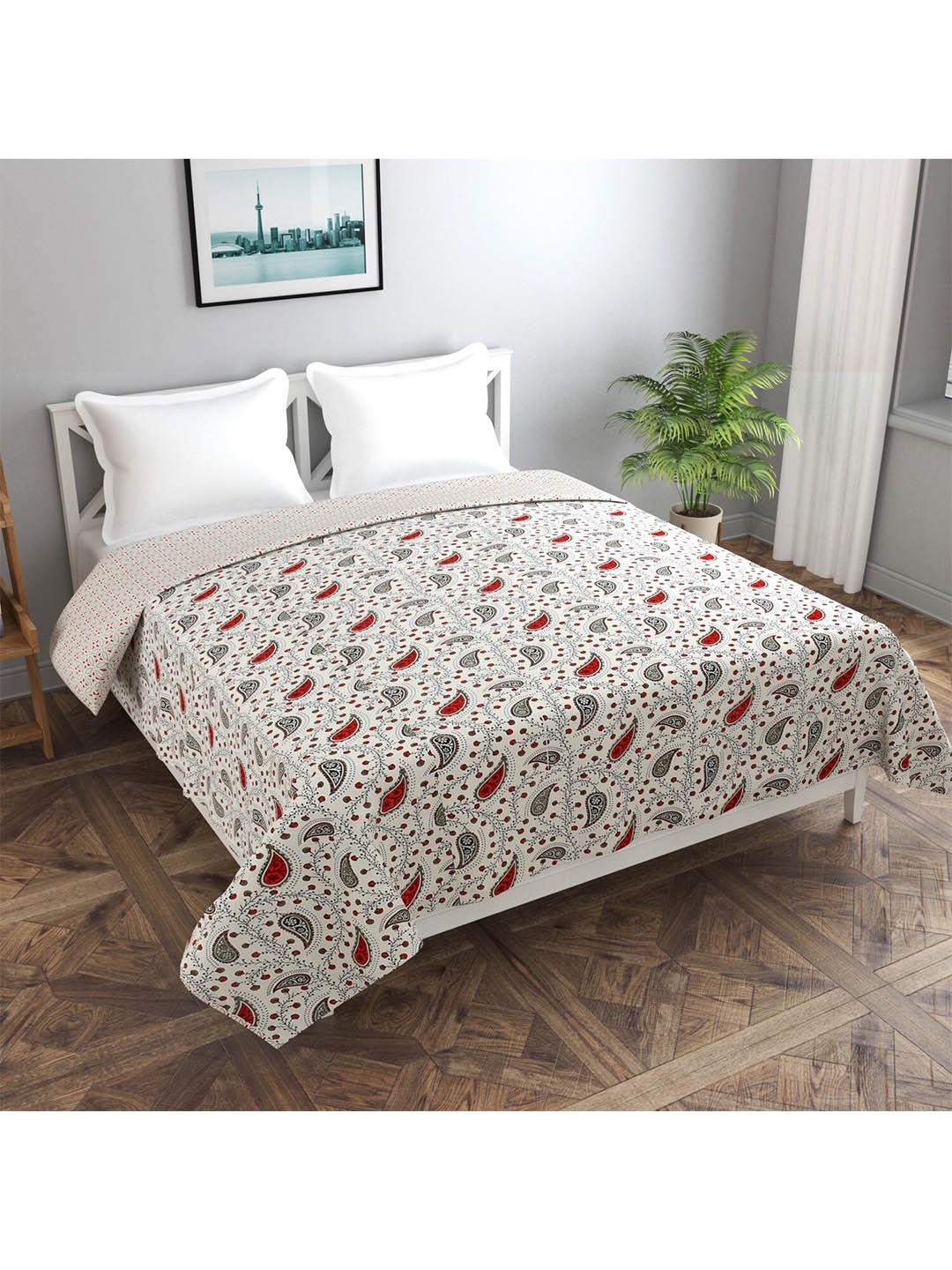 

Texstop White & Red Ethnic Motifs AC Room Pure Cotton Reversible Double Bed Dohar