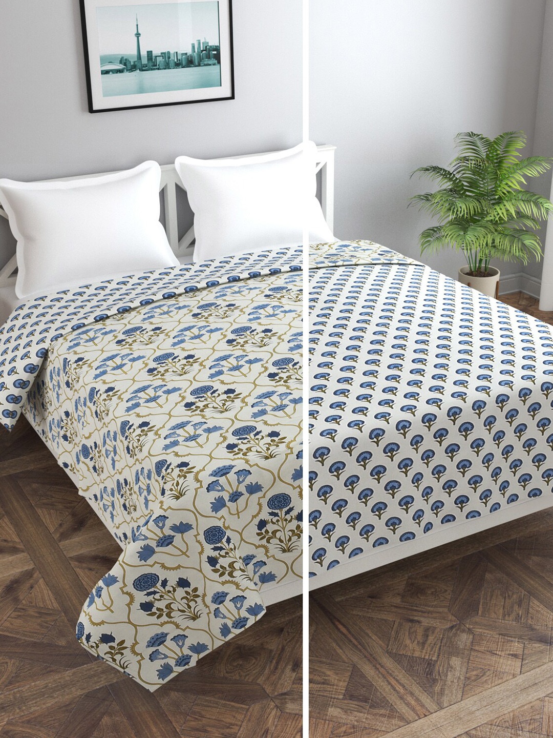 

Texstop Beige & Blue Ethnic Motifs AC Room Pure Cotton Reversible Double Bed Dohar