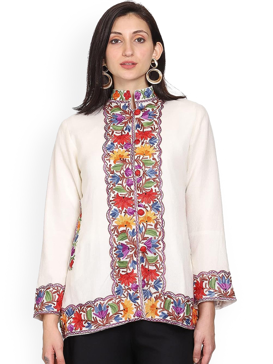 

CRAFTBAZAR Stand Collar Woollen Longline Tailored Jacket with Embroidered, White