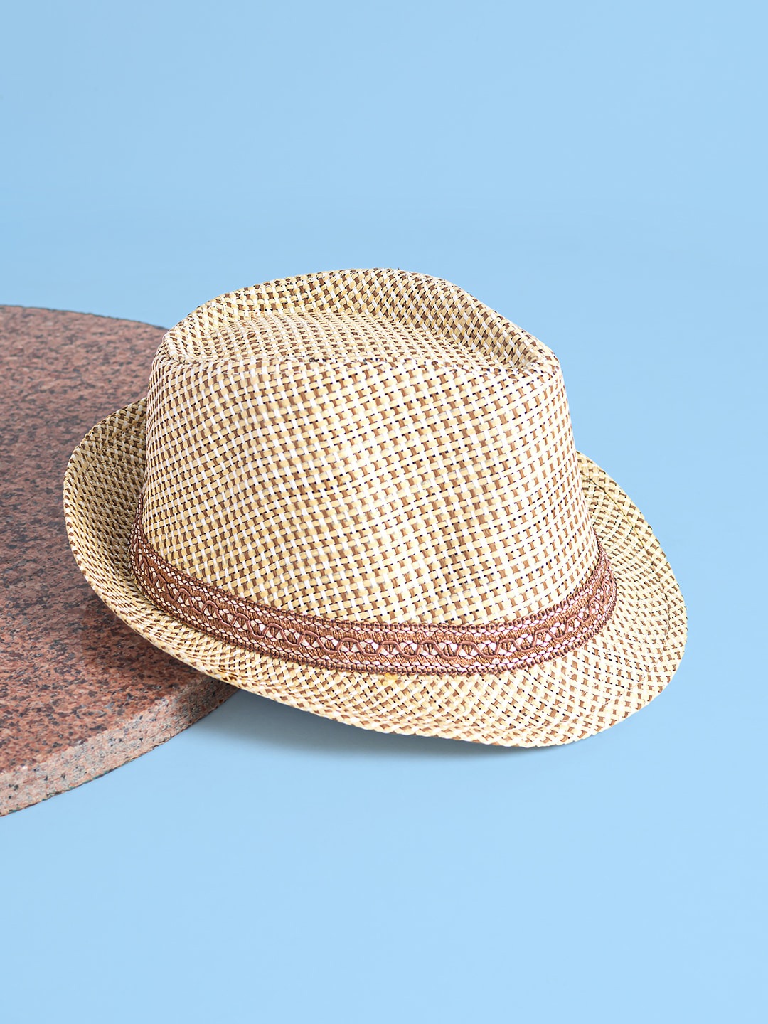 

Golden Peacock Men Woven Design Fedora Hat, Cream