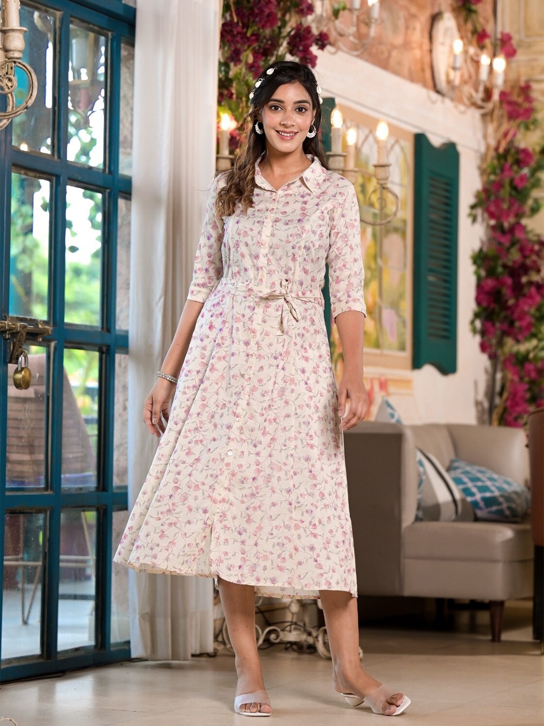 

Sangria Pink Floral Printed Cotton A-line Midi Dress