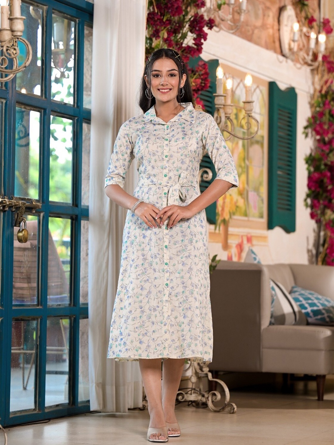 

Sangria White Floral Printed Cotton A-line Midi Dress