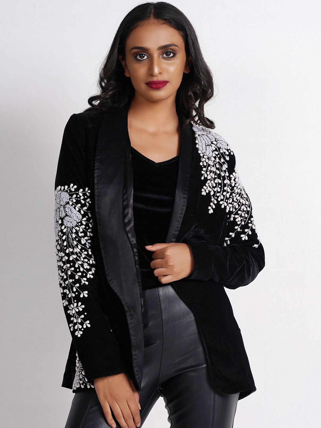 

Diwaah Floral Longline Open Front Jacket with Embroidered, Black