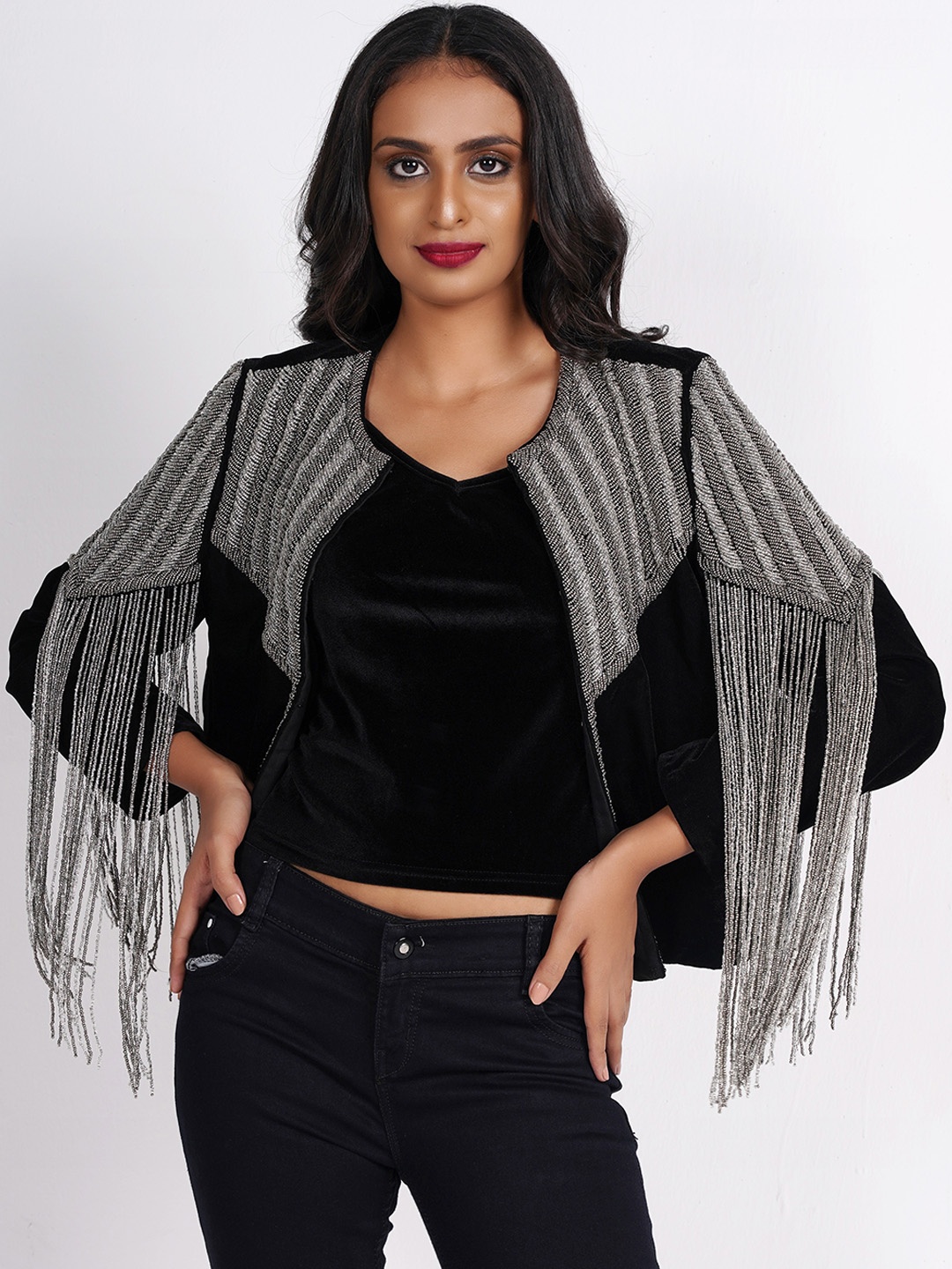 

Diwaah Crop Bomber Jacket with Embroidered, Black