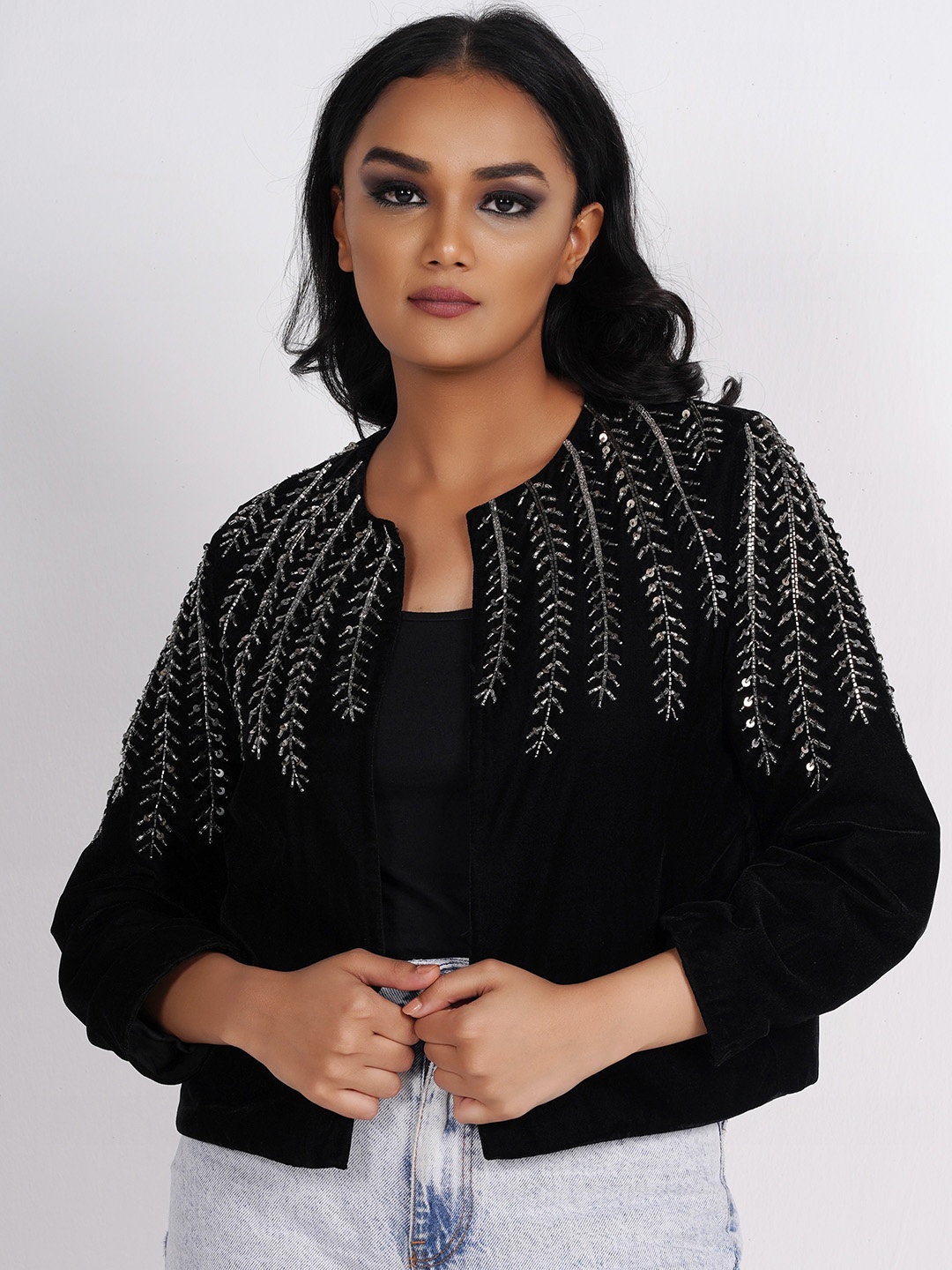 

Diwaah Sequined Detail Crop Tailored Jacket, Black