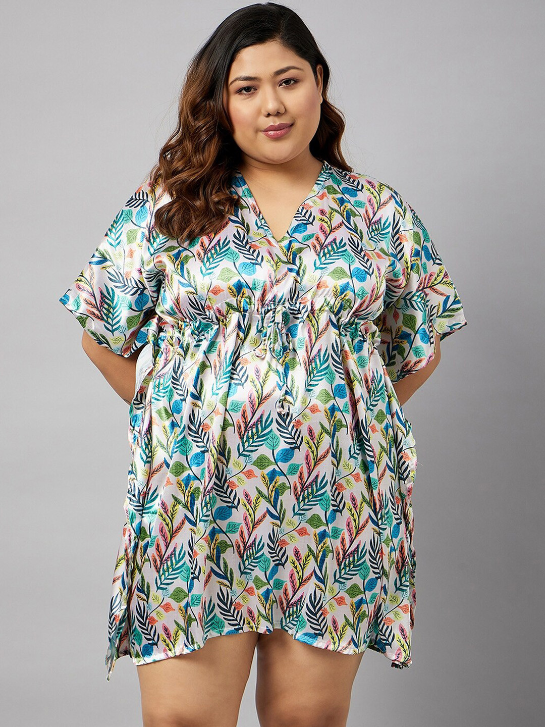 

Curves By ZeroKaata Plus Size Floral Printed Kaftan Cover Up Dress, White