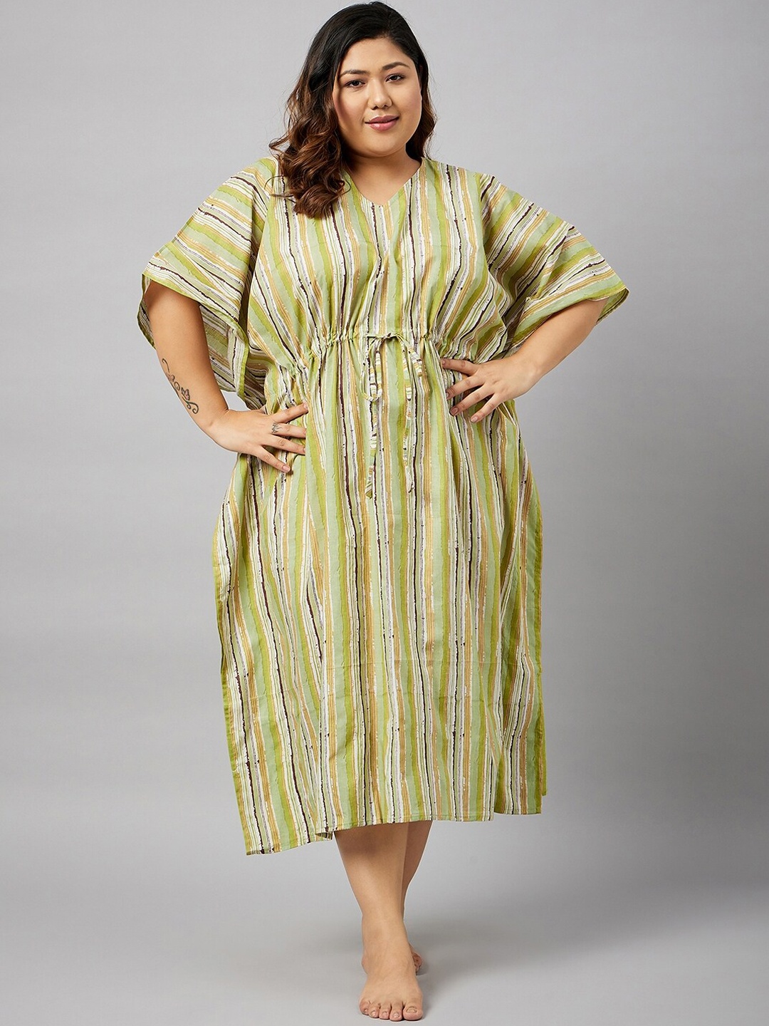 

Curves By ZeroKaata Plus Size Striped Pure Cotton Kaftan Cover Up Dress, Green