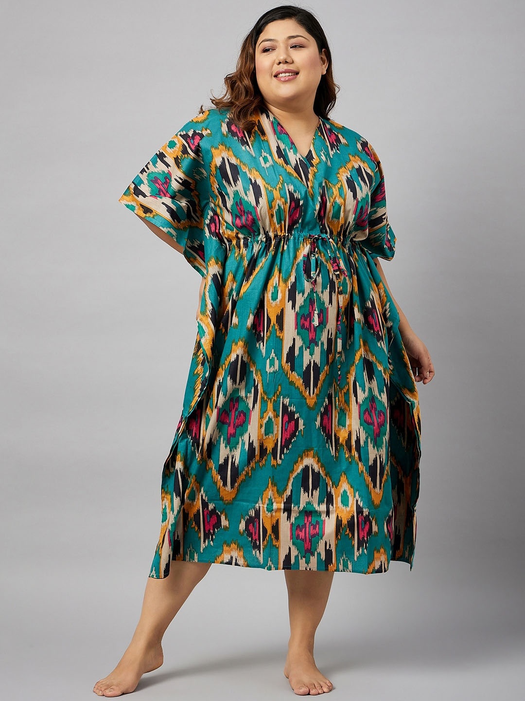 

Curves By ZeroKaata Plus Size Printed Pure Cotton Kaftan Cover Up Dress, Turquoise blue