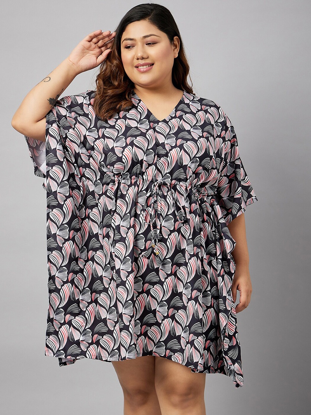 

Curves By ZeroKaata Plus Size Cotton Printed Kaftan Swimwear Cover Up Top, Black