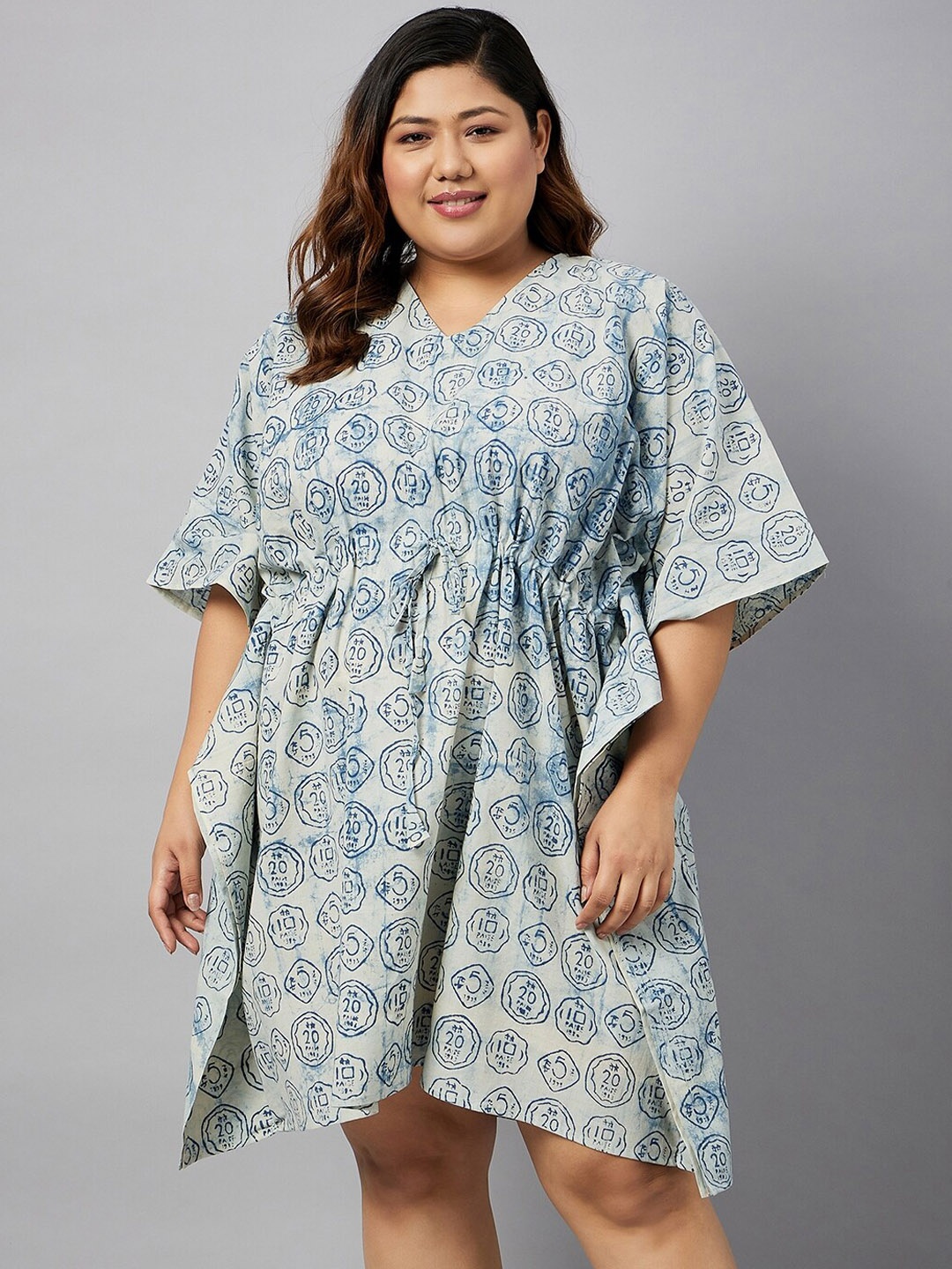 Curves By ZeroKaata Plus Size Cotton Printed Kaftan Swimwear Cover Up Top, Blue