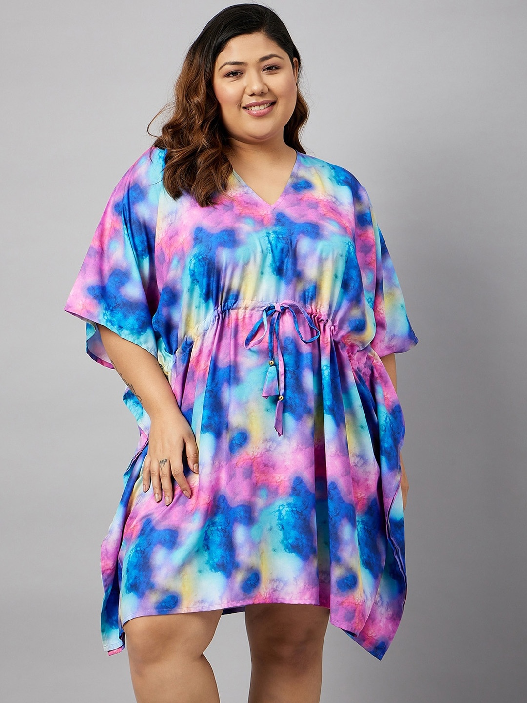 

Curves By ZeroKaata Plus Size Women Tie & Dye Printed Kaftan Cover Up Dress, Blue