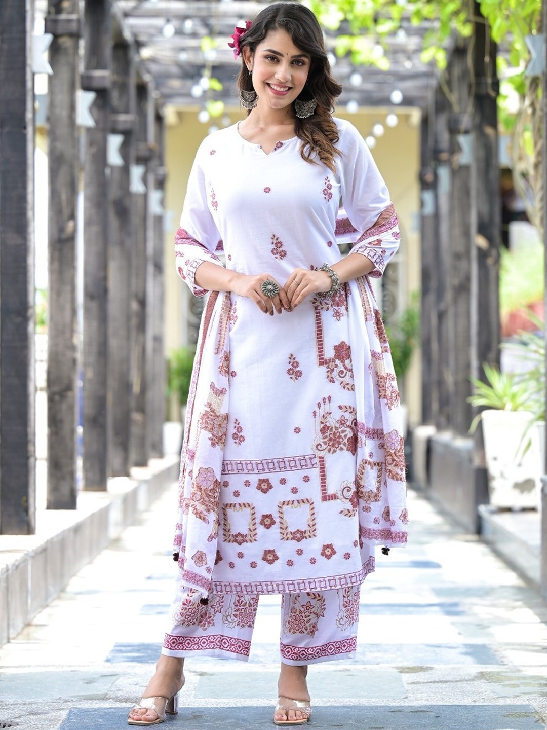 

Sangria White Floral Embroidered Straight Thread Work Cotton Kurta With Palazzos &Dupatta