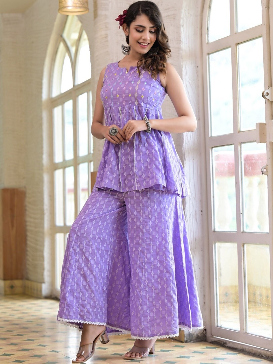 

Sangria Lavender Geometric Printed Pure Cotton Mirror Work Kurta With Sharara