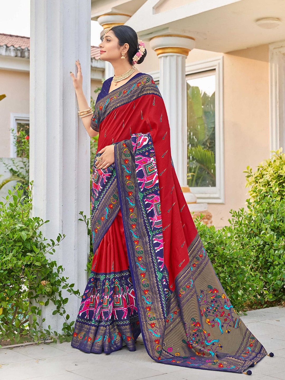 

Mitera Red & Red Ethnic Motifs Printed Zari Patola Saree