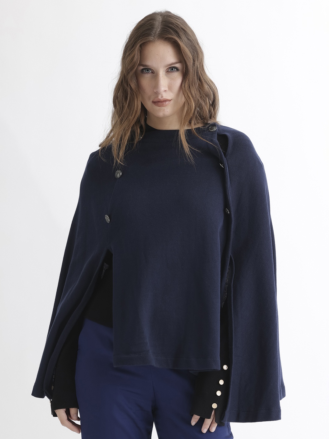 

RAREISM Round Neck Asymmetric Hem Cotton Poncho, Navy blue