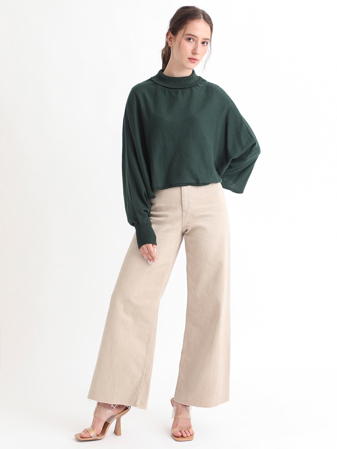 

RAREISM Turtle Neck Cotton Poncho, Green