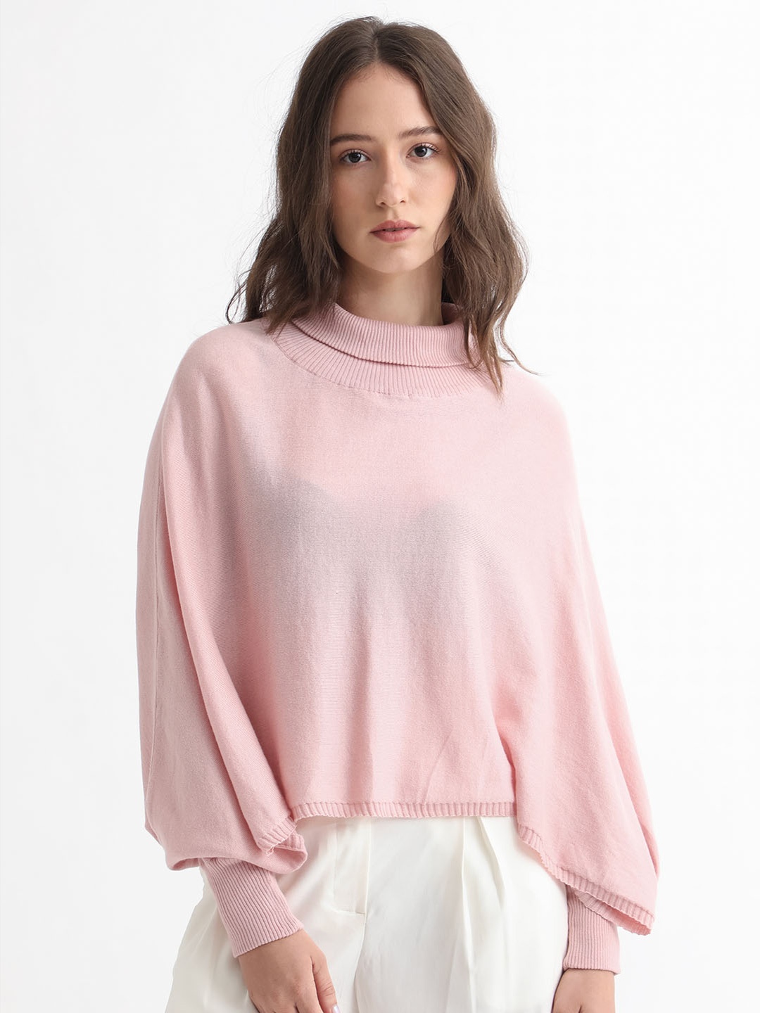 

RAREISM Turtle Neck Cotton Crop Poncho, Pink