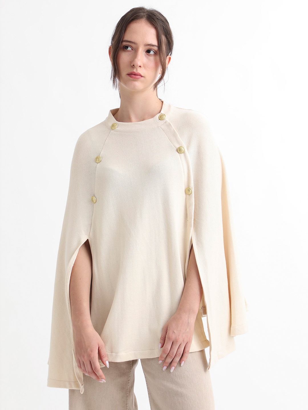 

RAREISM Round Neck Asymmetric Hem Cotton Poncho, Off white