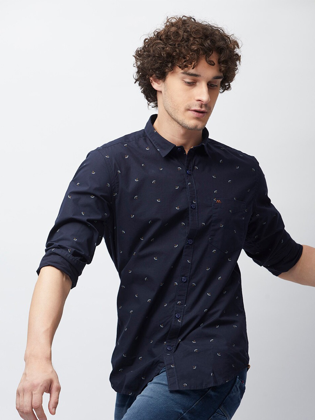 

MOZZO Classic Slim Fit Micro Ditsy Printed Cotton Casual Shirt, Navy blue