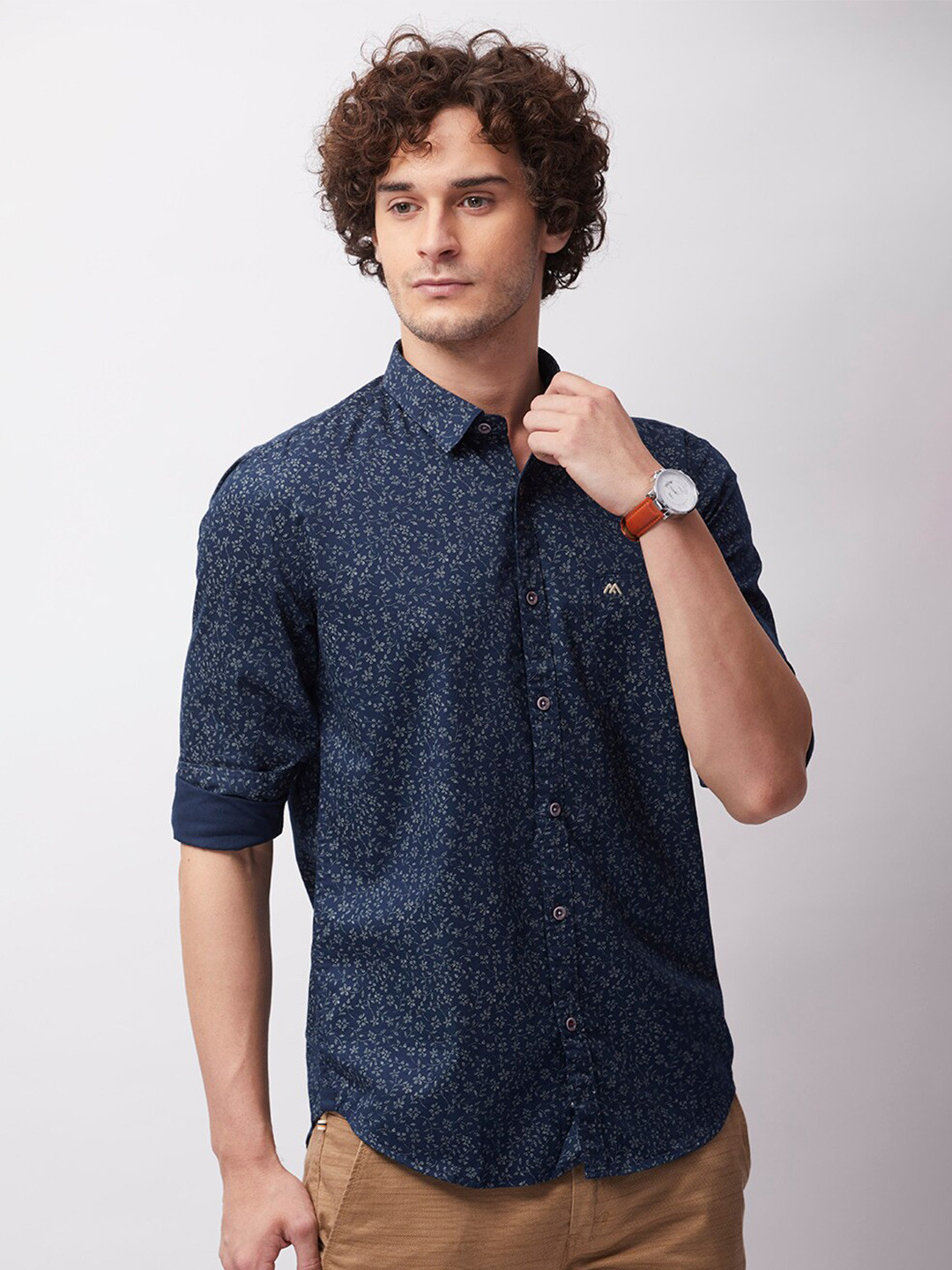 

MOZZO Classic Slim Fit Floral Printed Cotton Casual Shirt, Navy blue