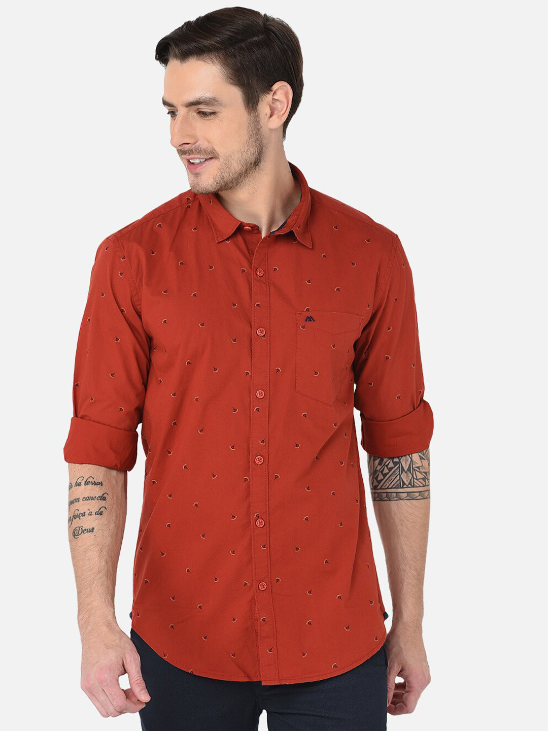 

MOZZO Classic Slim Fit Conversational Printed Cotton Casual Shirt, Red