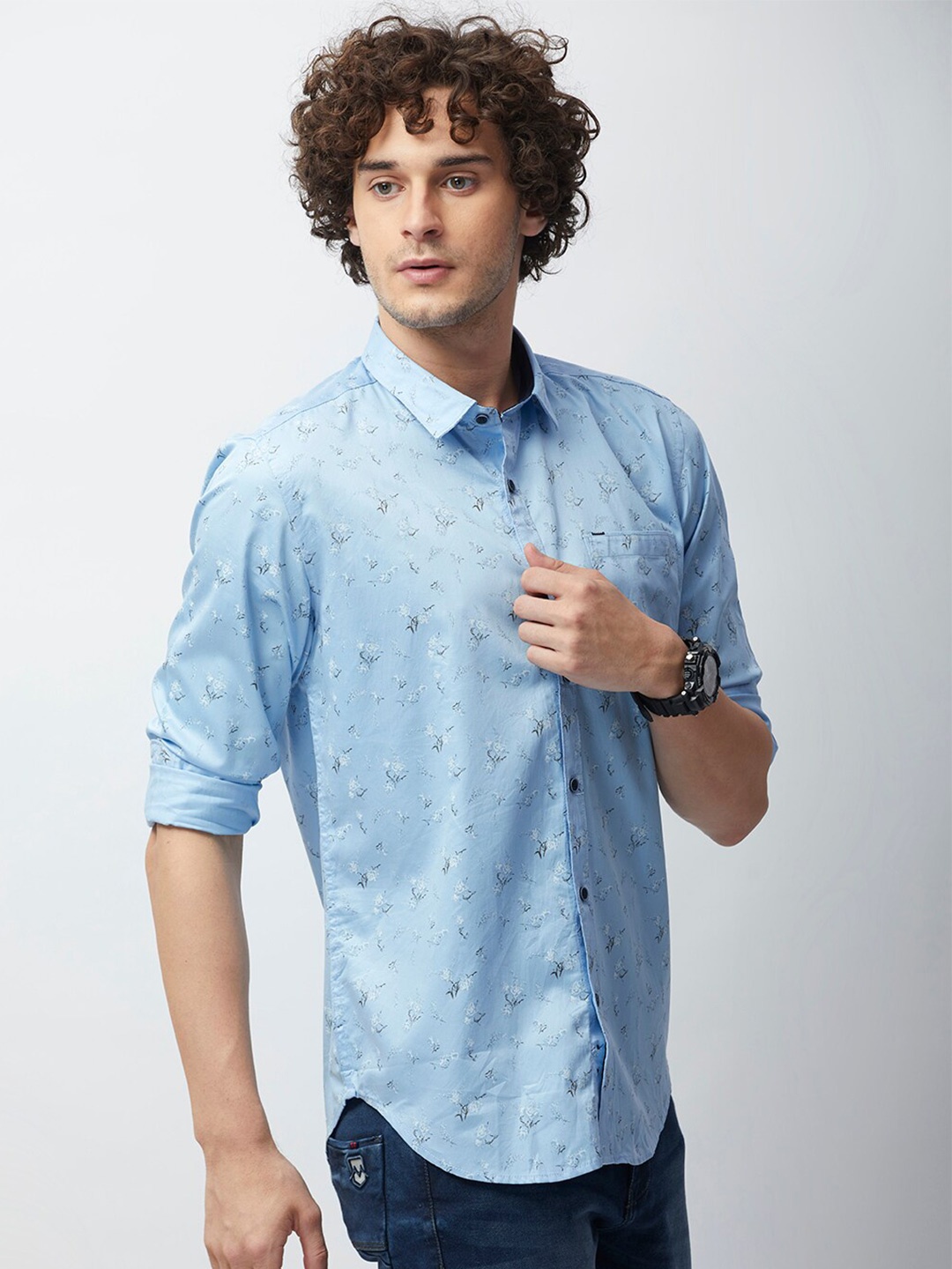 

MOZZO Classic Slim Fit Floral Printed Cotton Casual Shirt, Blue