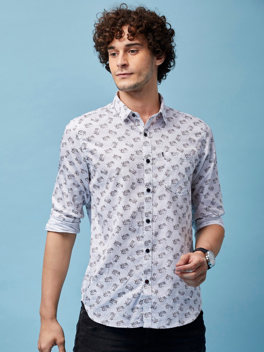 

MOZZO Classic Slim Fit Floral Printed Cotton Casual Shirt, White