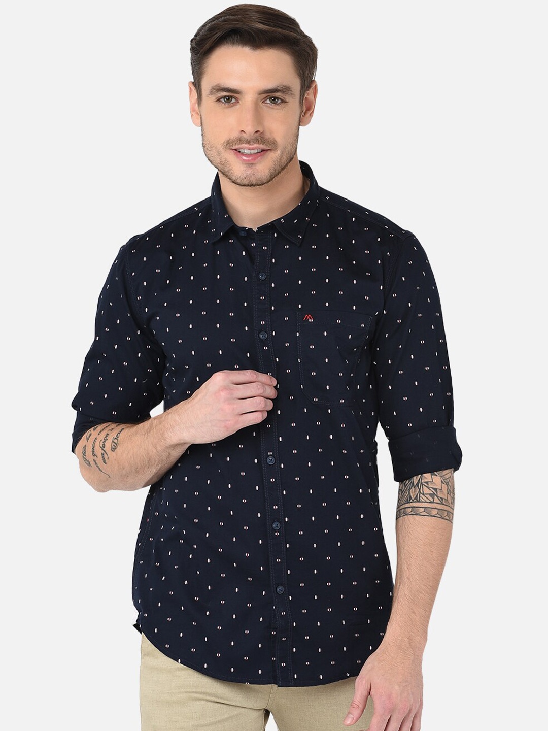 

MOZZO Classic Slim Fit Conversational Printed Cotton Casual Shirt, Navy blue
