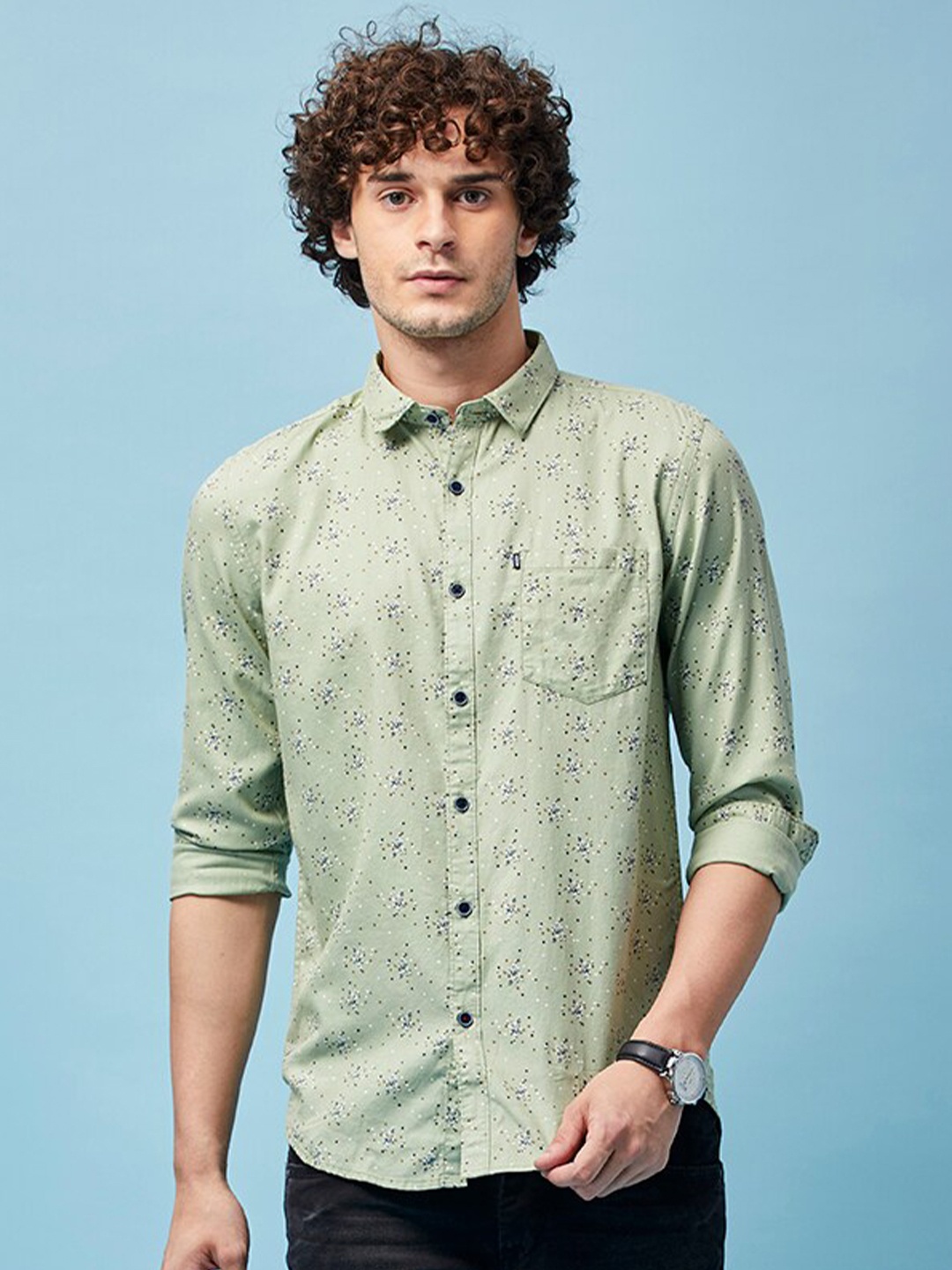 

MOZZO Floral Printed Cotton Classic Slim Fit Opaque Casual Shirt, Green