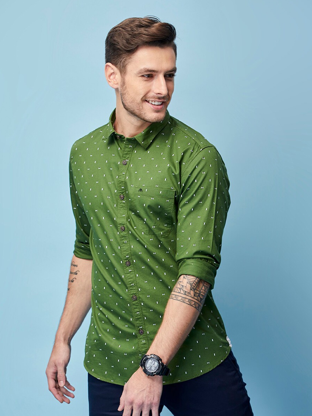 

MOZZO Classic Slim Fit Conversational Printed Cotton Casual Shirt, Green