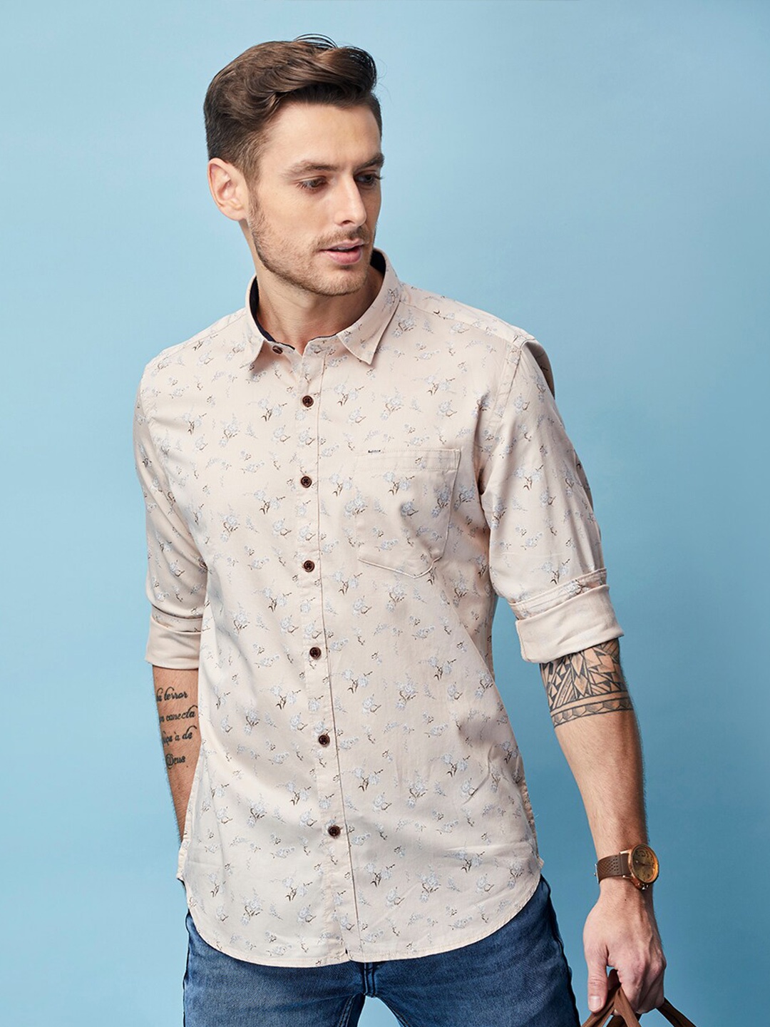 

MOZZO Classic Slim Fit Floral Printed Cotton Casual Shirt, Beige