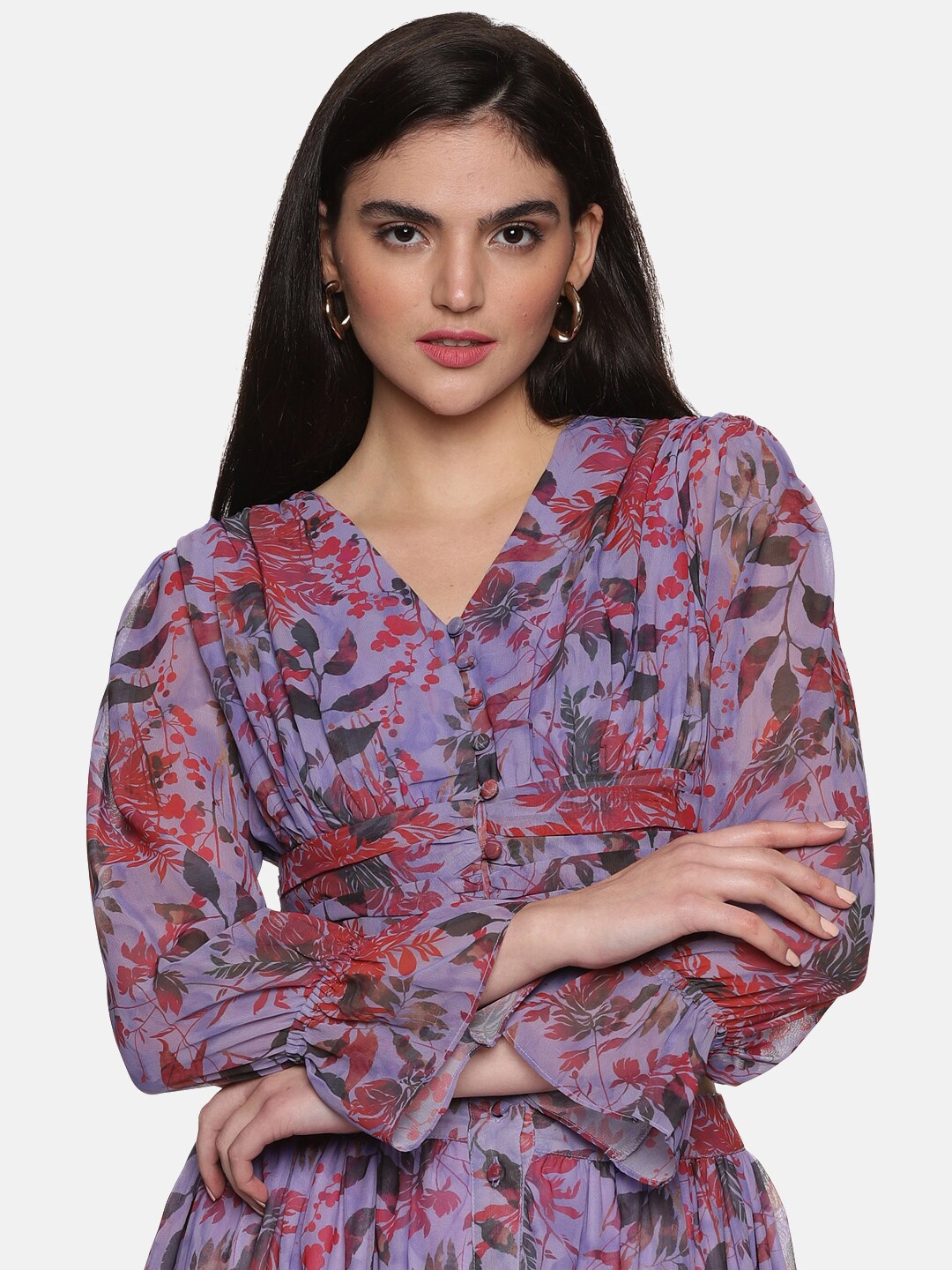 

ISU Floral Printed V-Neck Gathered Crop Top, Purple