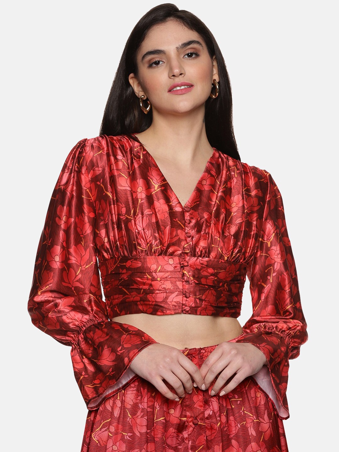 

ISU Floral Printed V-Neck Puff Sleeve Crop Top, Maroon