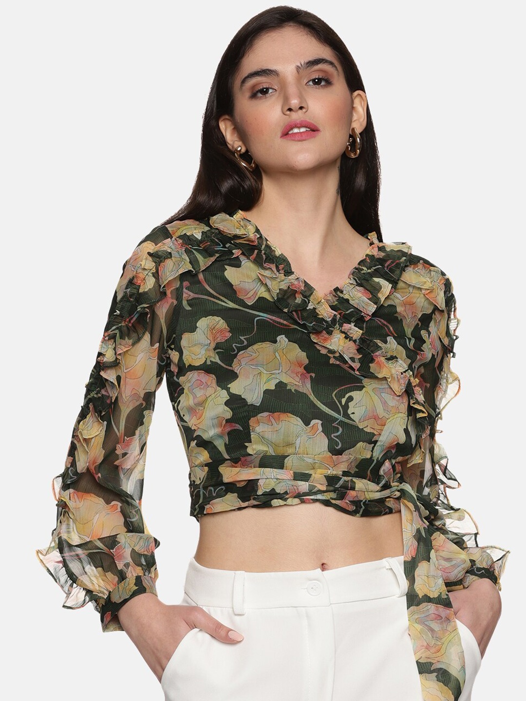 

ISU Floral Printed V-Neck Puff Sleeve Gathered Chiffon Crop Top, Green
