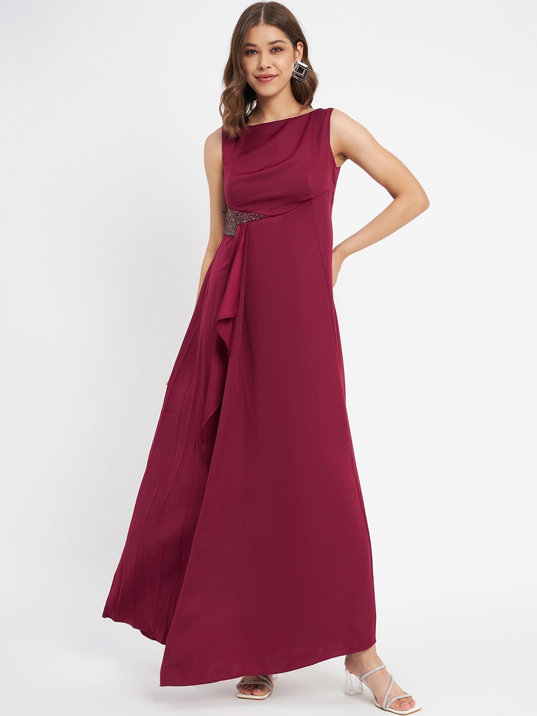 

Madame Sleeveless Embellished Ruffled Maxi Dress, Maroon