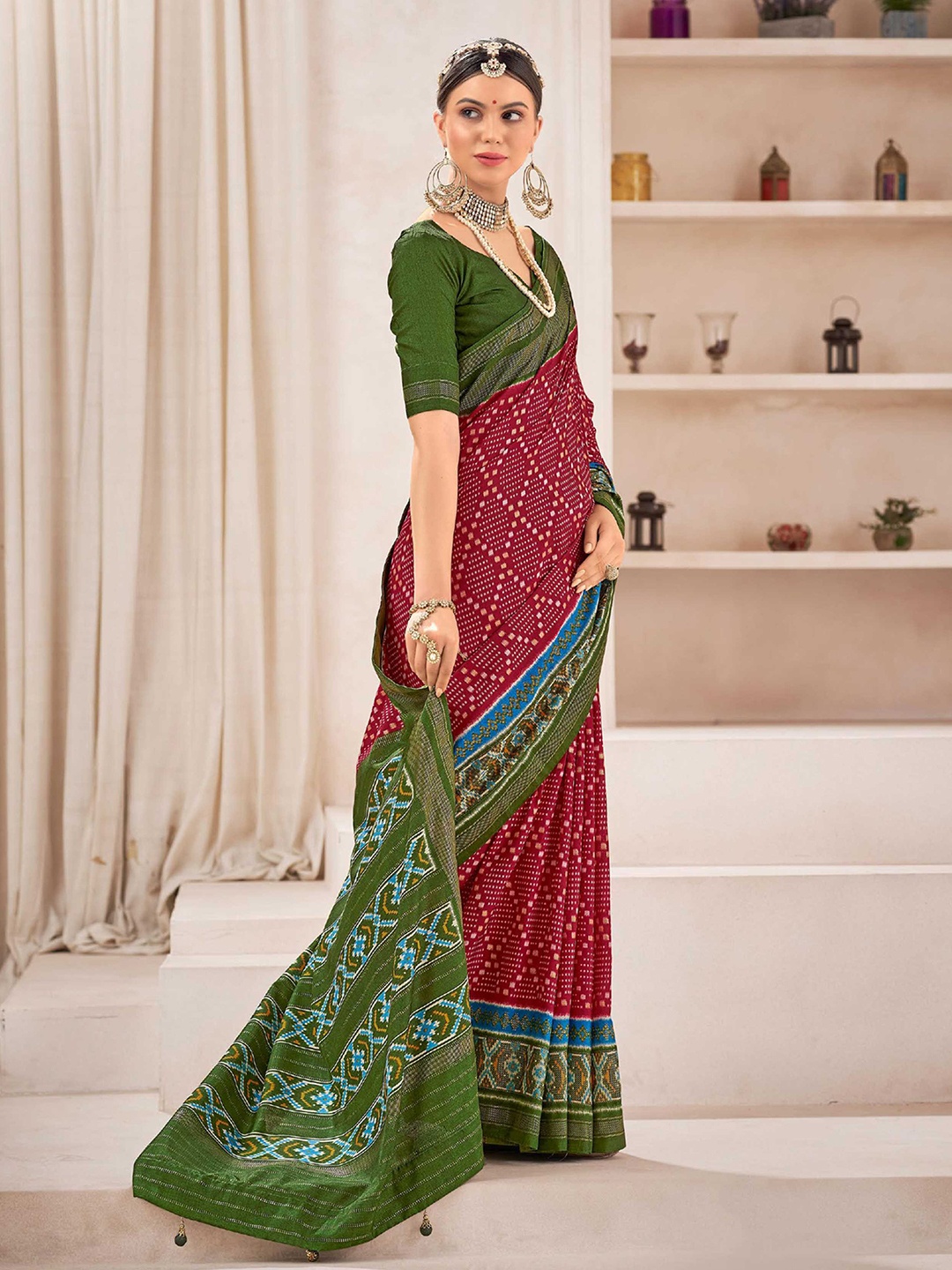 

Mitera Red Geometric Printed Zari Patola Saree