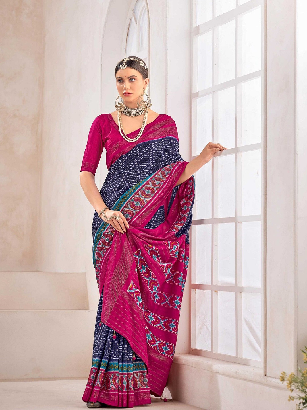 

Mitera Navy Blue & Pink Geometric Printed Zari Patola Saree